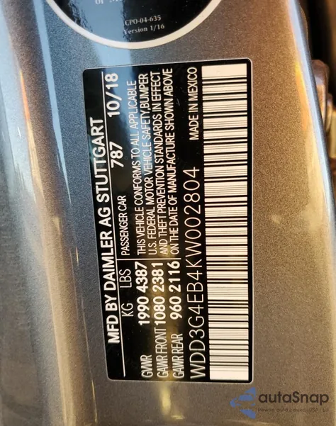 2019 Mercedes-Benz A 220 из США, поврежденный, VIN WDD3G4EB4KW002804